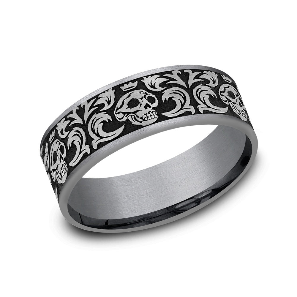 The Skull King Men's Wedding Band in Grey Tantalum and Grey/Black Titanium - 7.5mm Width by Tantalum
