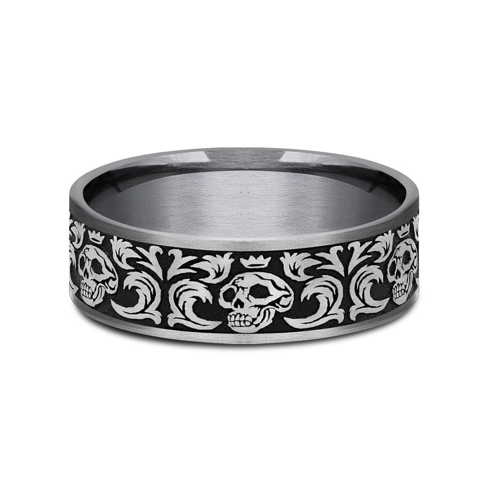 The Skull King Men's Wedding Band in Grey Tantalum and Grey/Black Titanium - 7.5mm Width by Tantalum