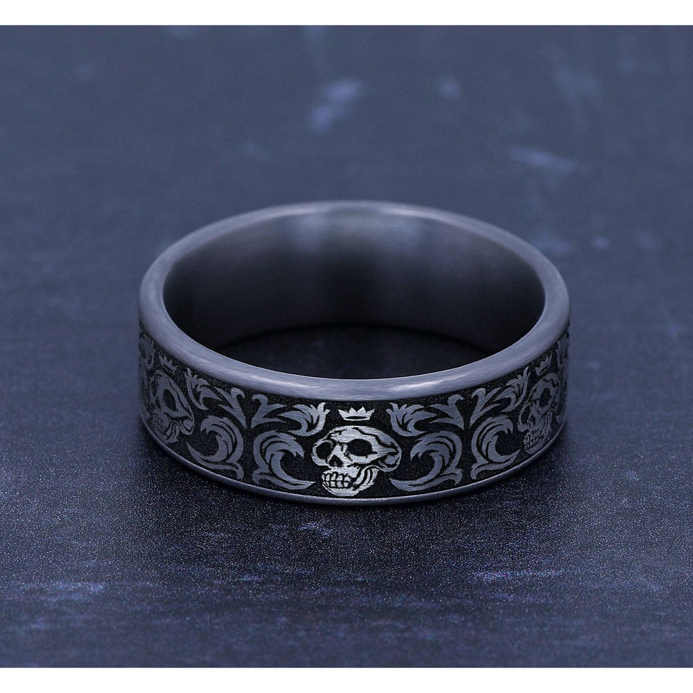 The Skull King Men's Wedding Band in Grey Tantalum and Grey/Black Titanium - 7.5mm Width by Tantalum