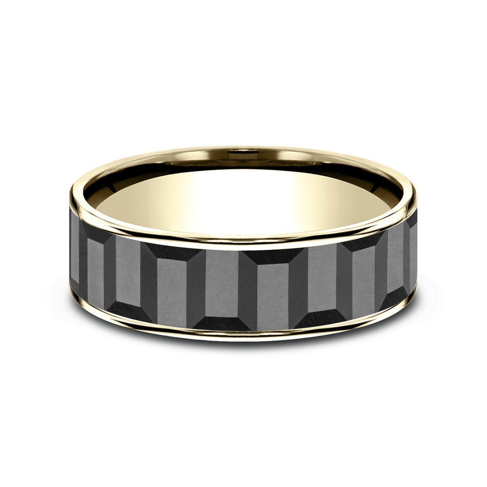 The Sprocket Men's Wedding Band in 14K Yellow Gold and Grey Tantalum - 7.5mm Width by Ammara Stone