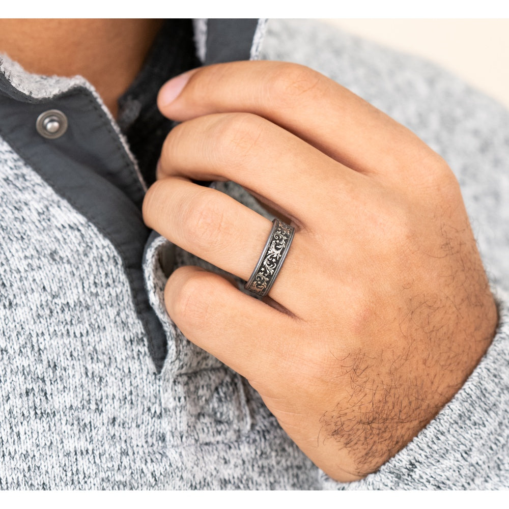 The Spur Men's Wedding Band in Grey Tantalum and Grey/Black Titanium - 7.5mm Width by Brook and Branch
