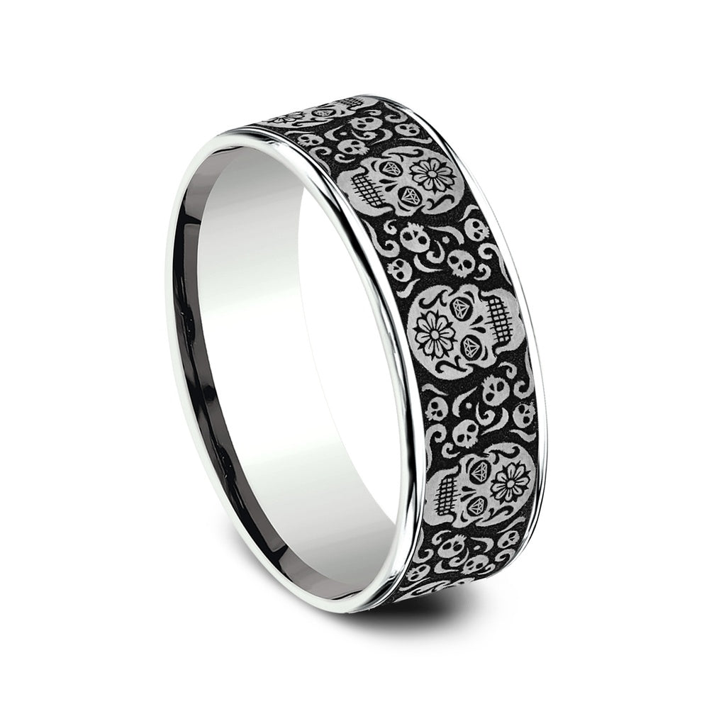 The Sugar Skull Men's Wedding Band in 14K White Gold and Grey/Black Titanium - 7.5mm Width by Ammara Stone