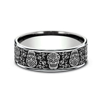 The Sugar Skull Men's Wedding Band in 14K White Gold and Grey/Black Titanium - 7.5mm Width by Ammara Stone