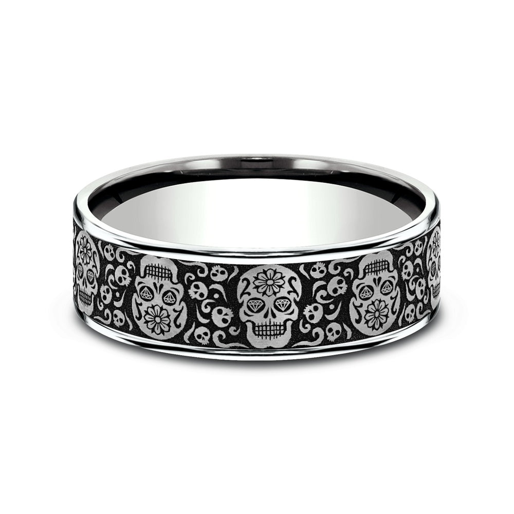 The Sugar Skull Men's Wedding Band in 14K White Gold and Grey/Black Titanium - 7.5mm Width by Ammara Stone
