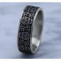 The Sugar Skull Men's Wedding Band in 14K White Gold and Grey/Black Titanium - 7.5mm Width by Ammara Stone
