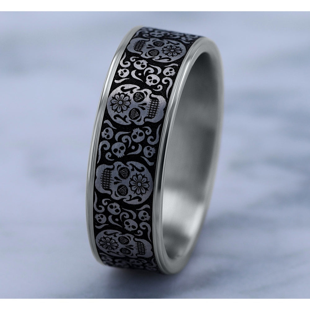 The Sugar Skull Men's Wedding Band in 14K White Gold and Grey/Black Titanium - 7.5mm Width by Ammara Stone