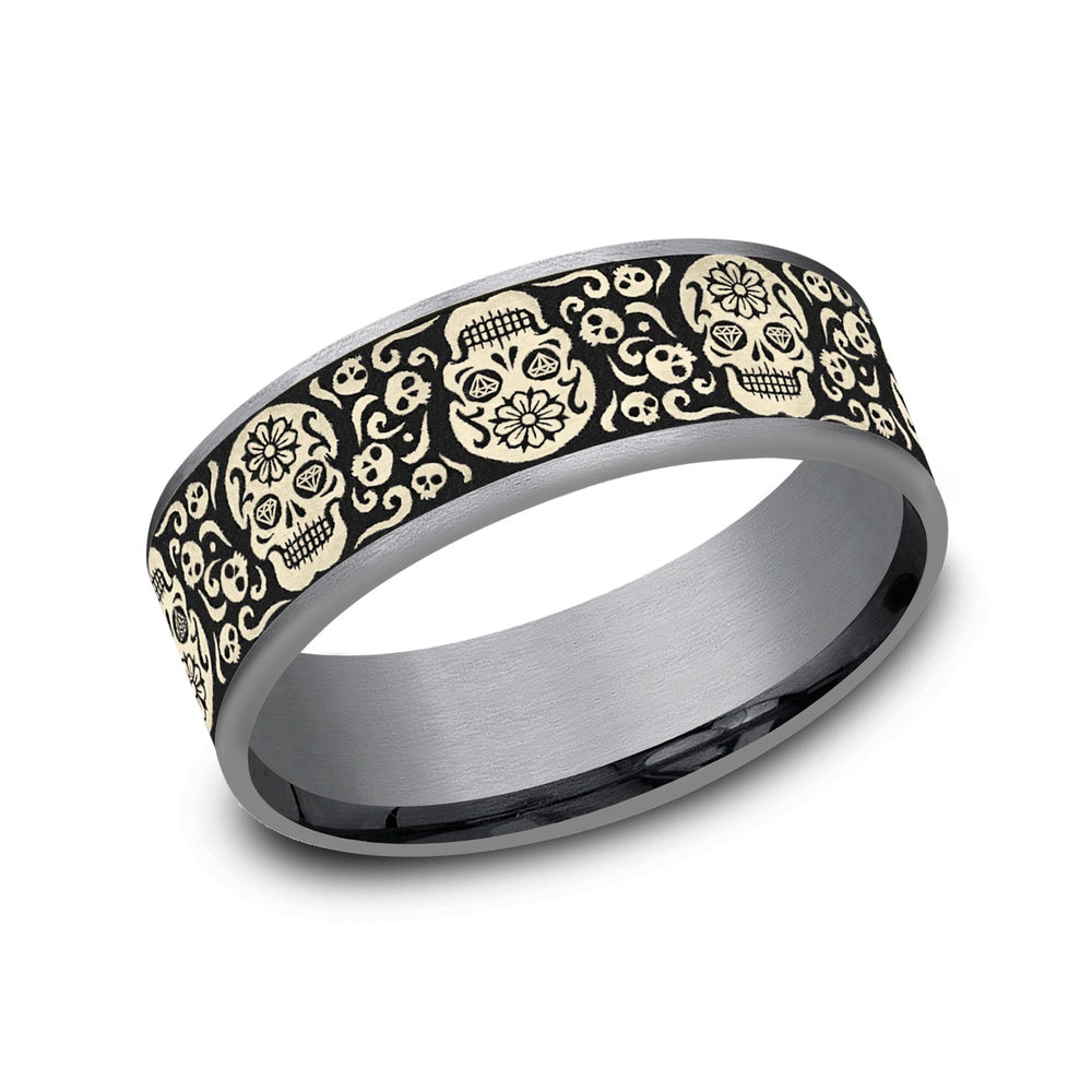 The Sugar Skull Men's Wedding Band in Grey Tantalum and 14K Yellow Gold - 7.5mm Width by Ammara Stone