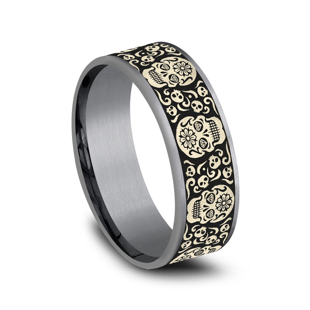The Sugar Skull Men's Wedding Band in Grey Tantalum and 14K Yellow Gold - 7.5mm Width by Ammara Stone