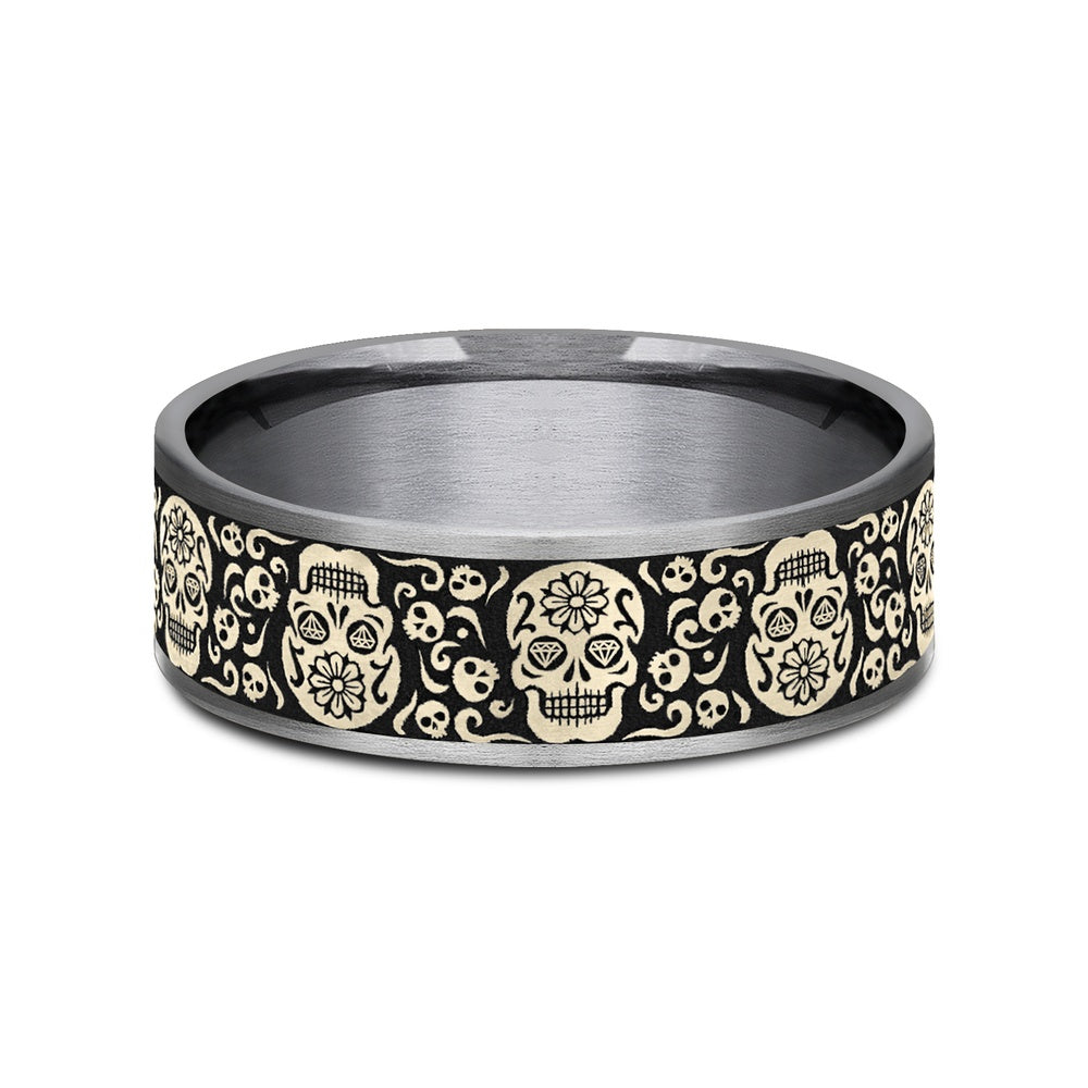 The Sugar Skull Men's Wedding Band in Grey Tantalum and 14K Yellow Gold - 7.5mm Width by Ammara Stone
