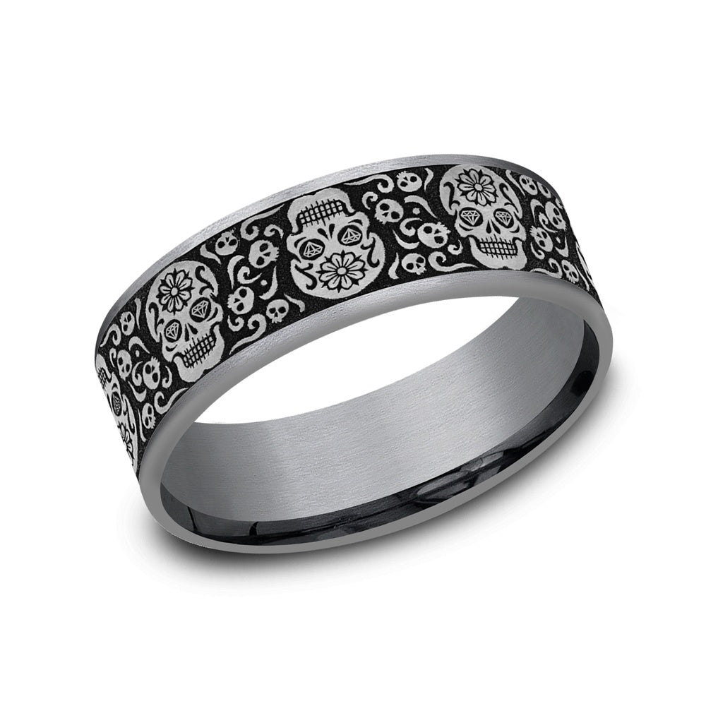 The Sugar Skull Men's Wedding Band in Grey Tantalum and Grey/Black Titanium - 7.5mm Width by Tantalum