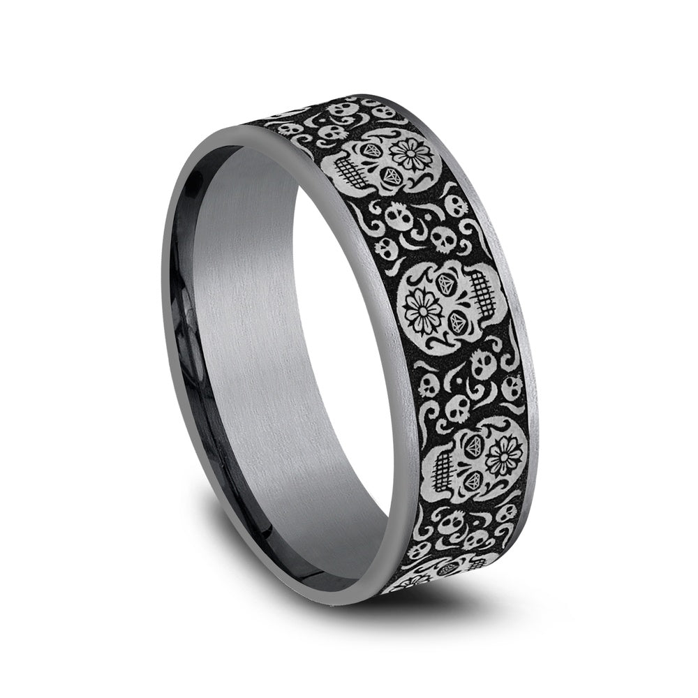 The Sugar Skull Men's Wedding Band in Grey Tantalum and Grey/Black Titanium - 7.5mm Width by Tantalum