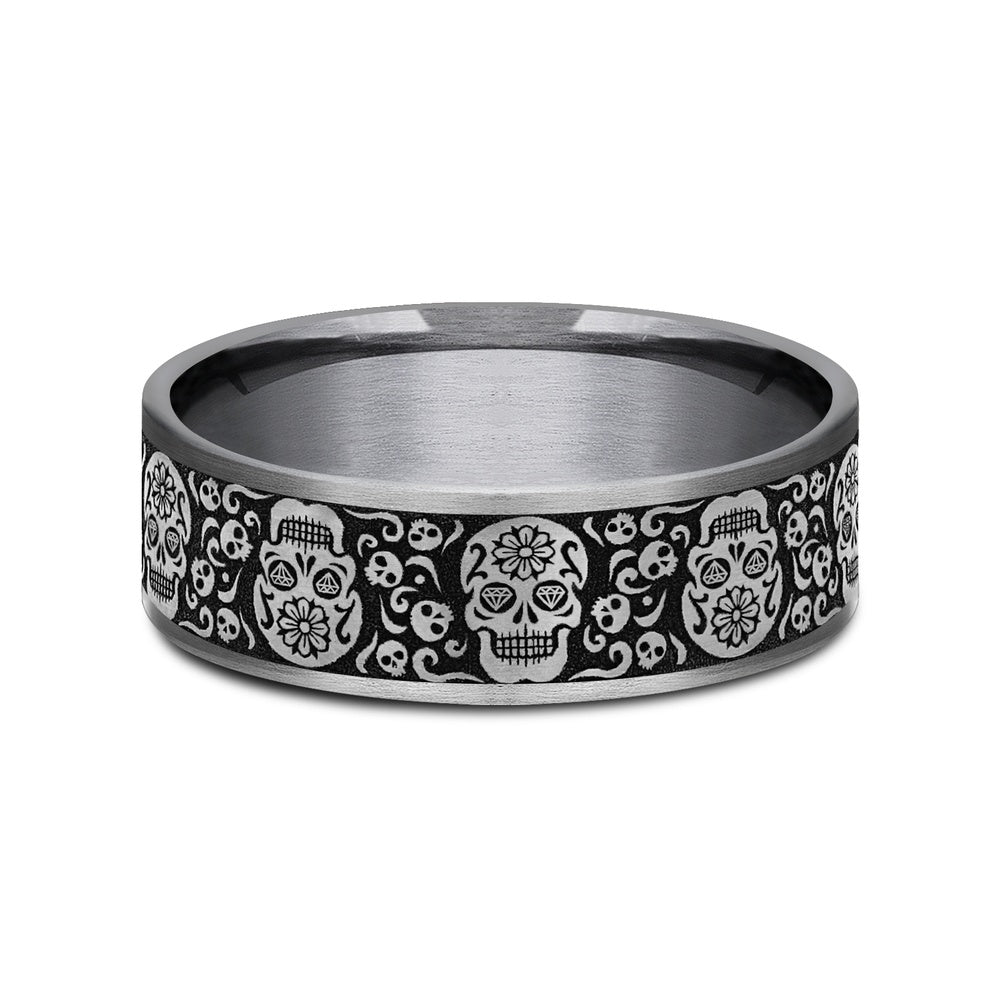The Sugar Skull Men's Wedding Band in Grey Tantalum and Grey/Black Titanium - 7.5mm Width by Tantalum