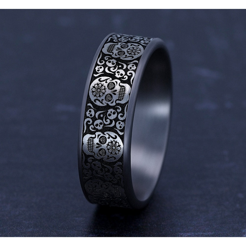 The Sugar Skull Men's Wedding Band in Grey Tantalum and Grey/Black Titanium - 7.5mm Width by Tantalum
