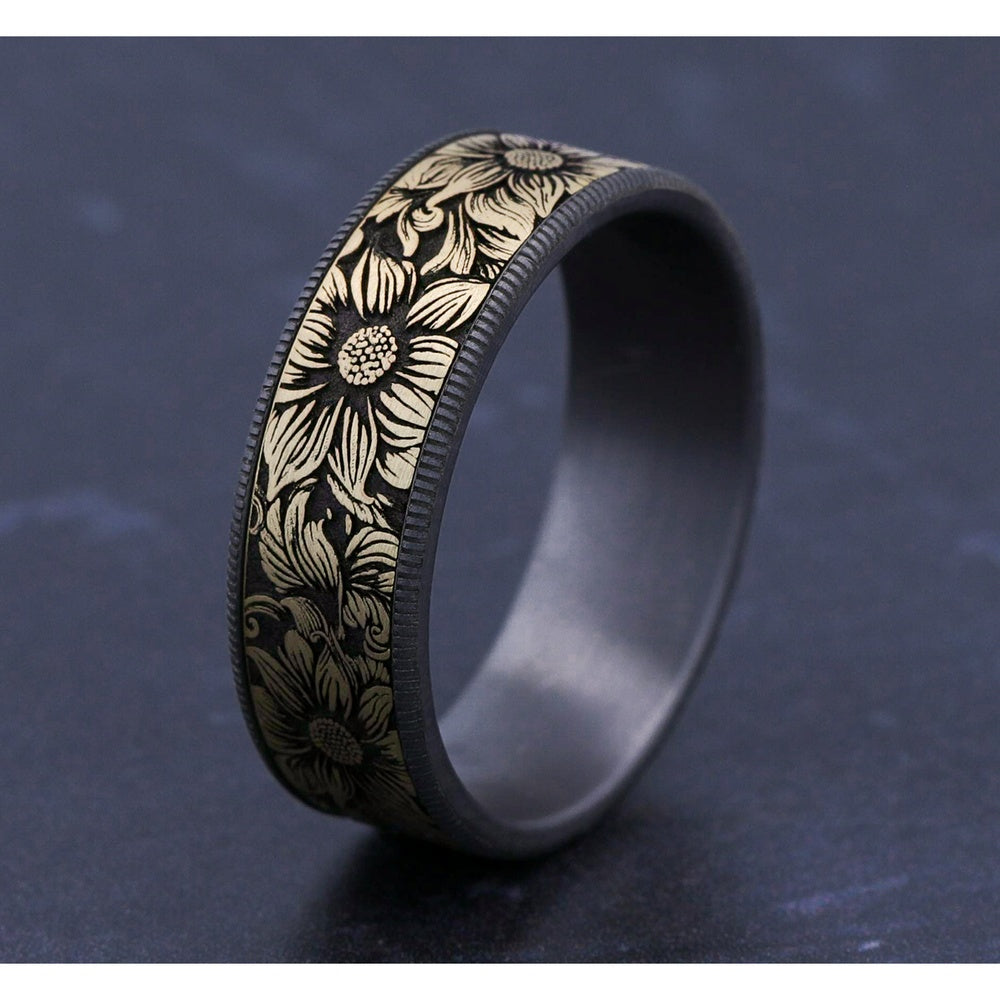 The Sunflower Men's Wedding Band in Grey Tantalum and 14K Yellow Gold - 7.5mm Width by Brook and Branch