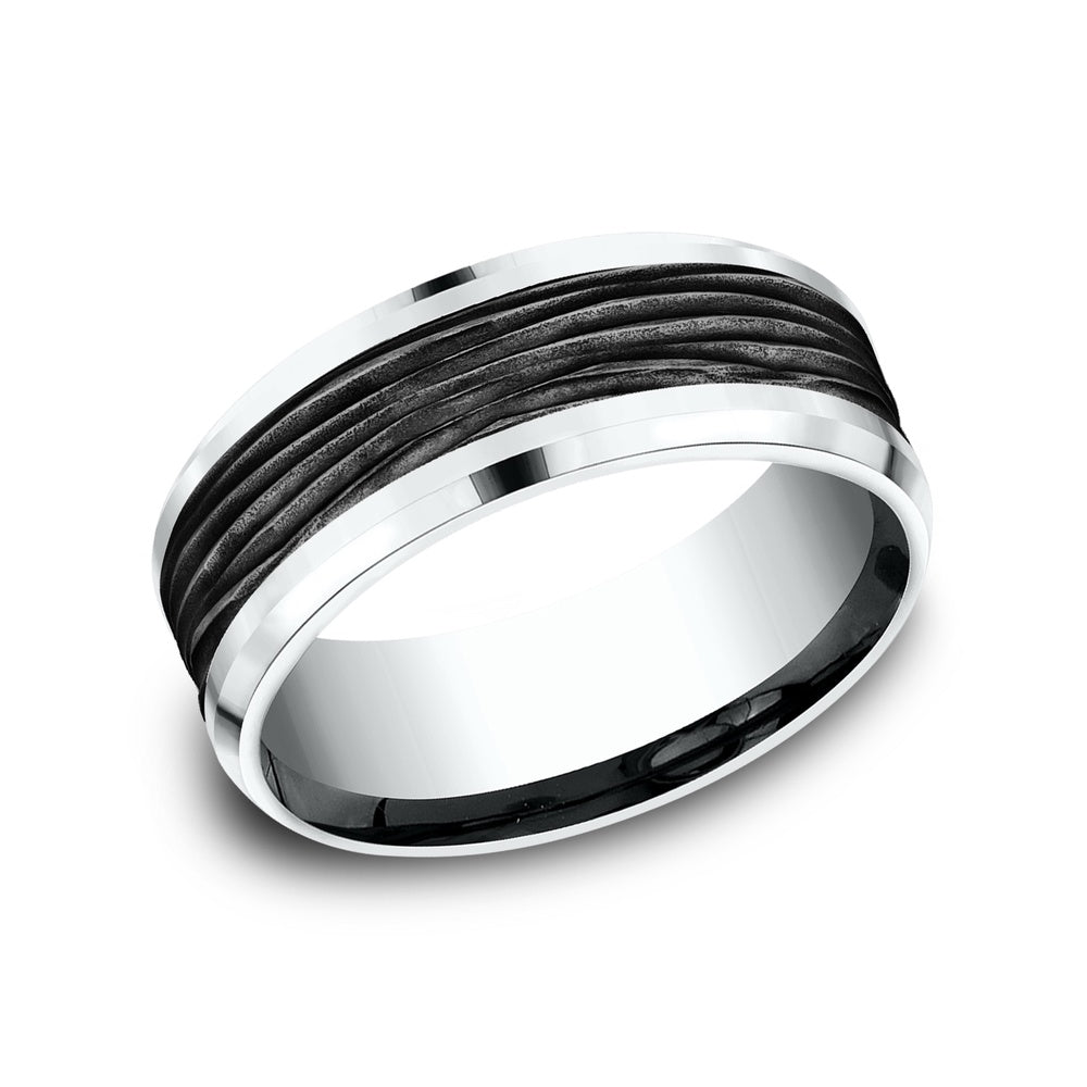 The Teak Men's Wedding Band in 14K White Gold and Black Titanium - 8mm Width by Ammara Stone