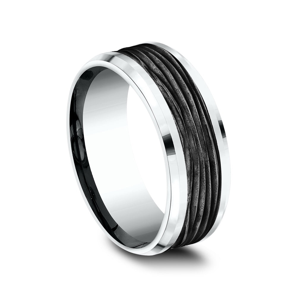 The Teak Men's Wedding Band in 14K White Gold and Black Titanium - 8mm Width by Ammara Stone