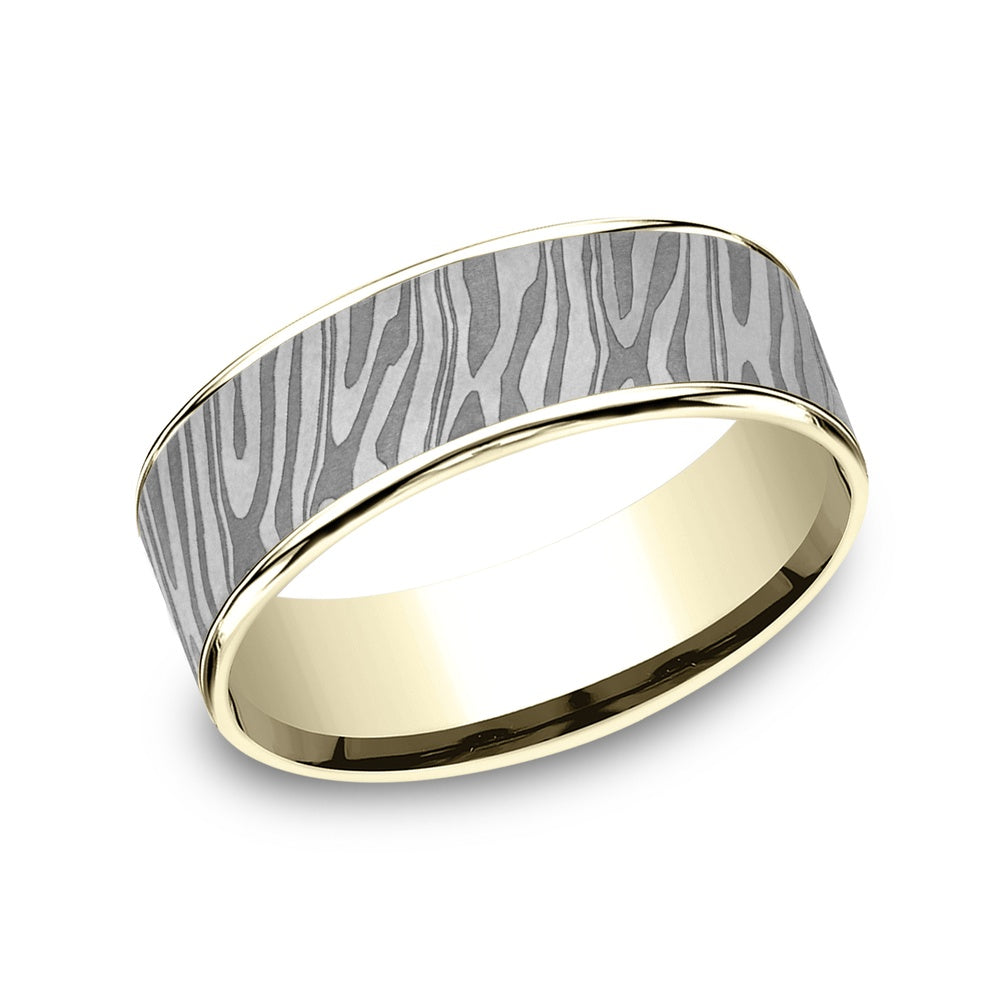 The Tiger Stripe Men's Wedding Band in 14K Yellow Gold and Grey Tantalum - 7.5mm Width by Ammara Stone