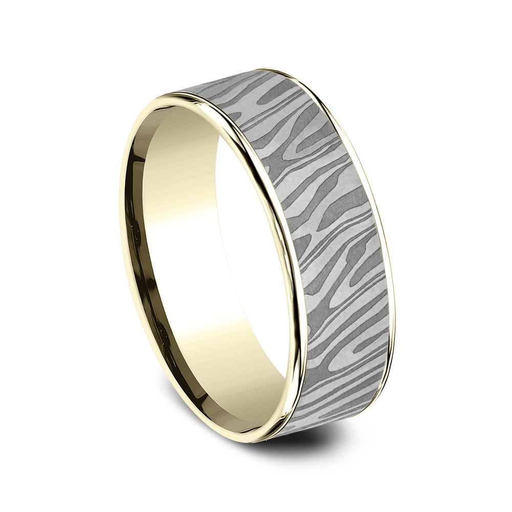 The Tiger Stripe Men's Wedding Band in 14K Yellow Gold and Grey Tantalum - 7.5mm Width by Ammara Stone