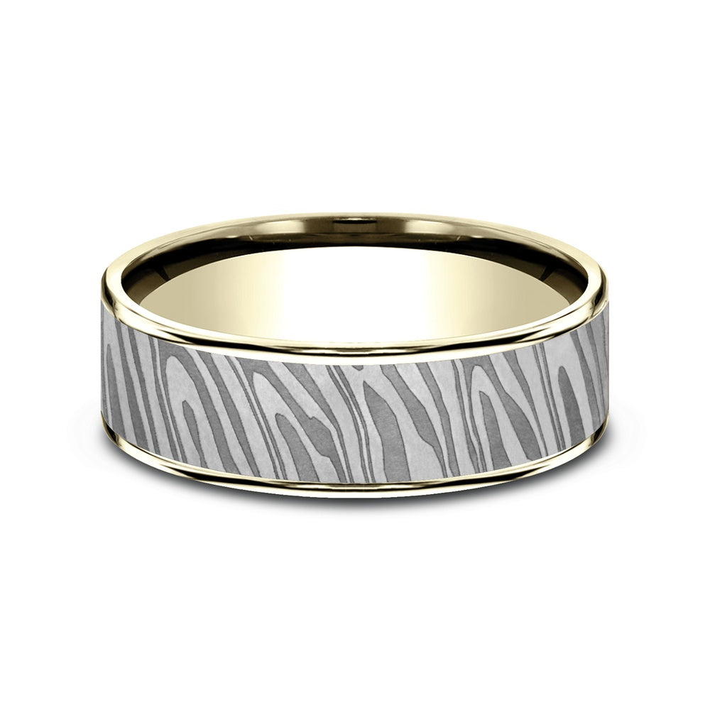The Tiger Stripe Men's Wedding Band in 14K Yellow Gold and Grey Tantalum - 7.5mm Width by Ammara Stone
