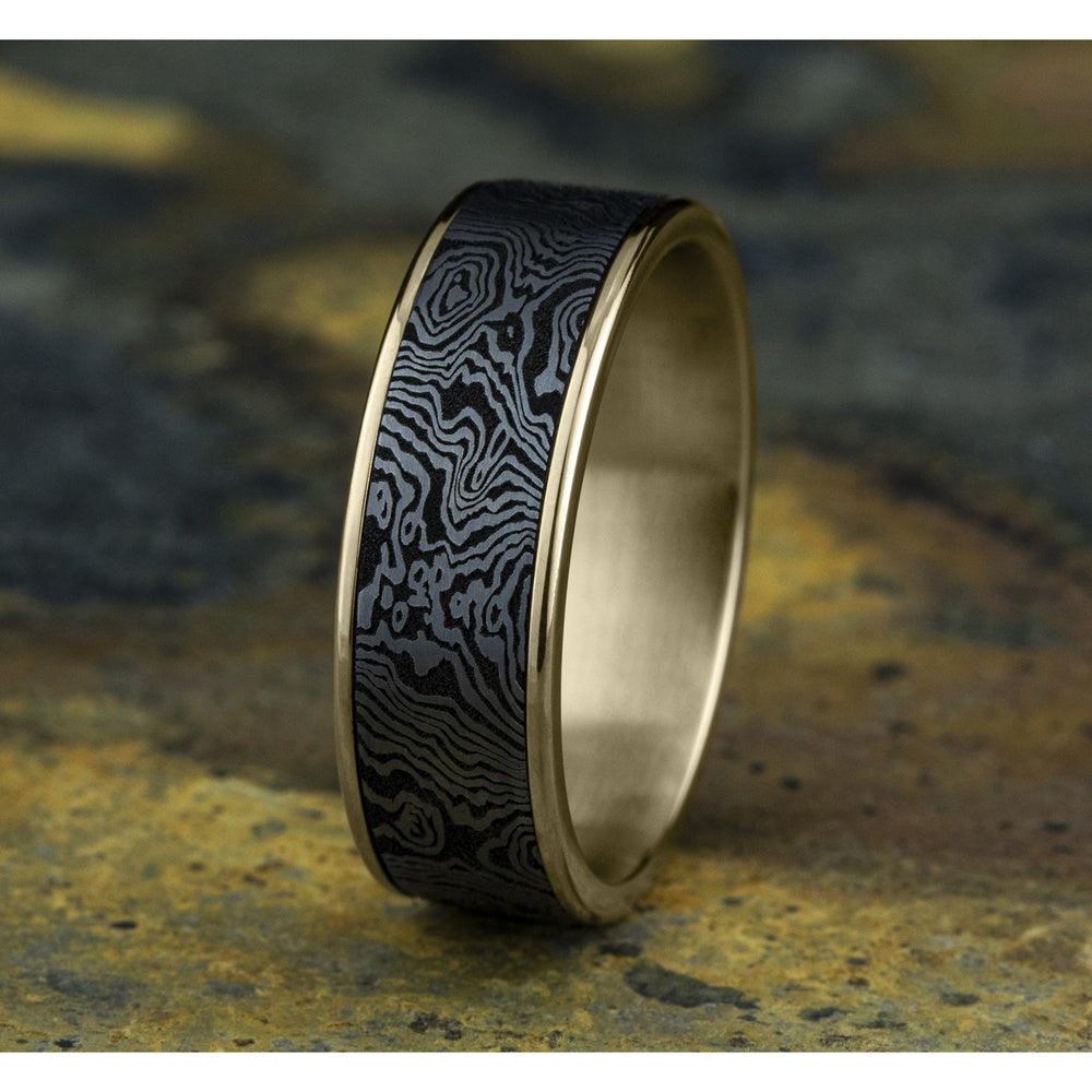 The Torsion Men's Wedding Band in 14K Yellow Gold and Grey Tantalum - 7.5mm Width by Ammara Stone