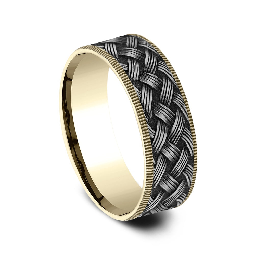 The Trellis Men's Wedding Band in 14K Yellow Gold and Grey Tantalum - 7.5mm Width by Ammara Stone