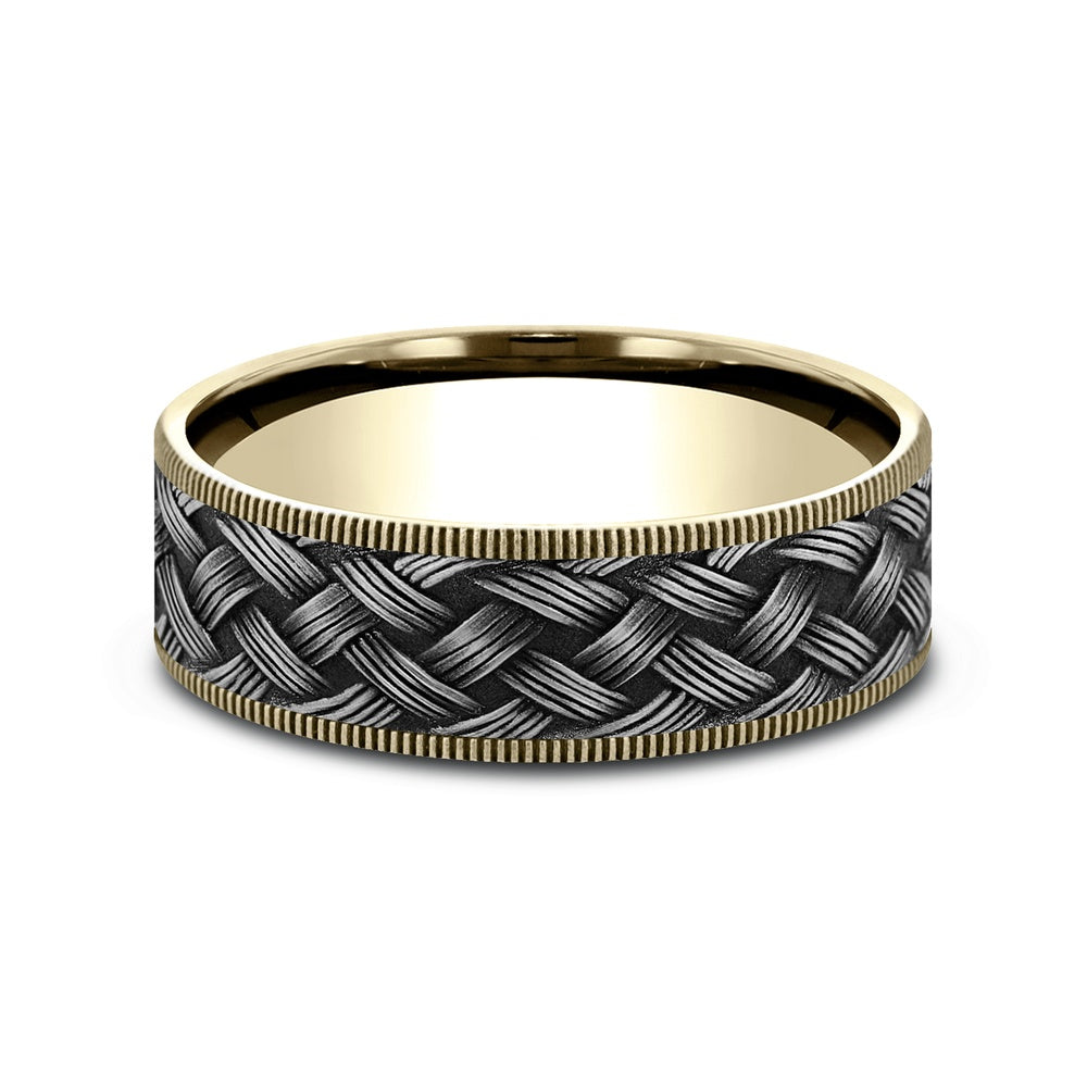 The Trellis Men's Wedding Band in 14K Yellow Gold and Grey Tantalum - 7.5mm Width by Ammara Stone