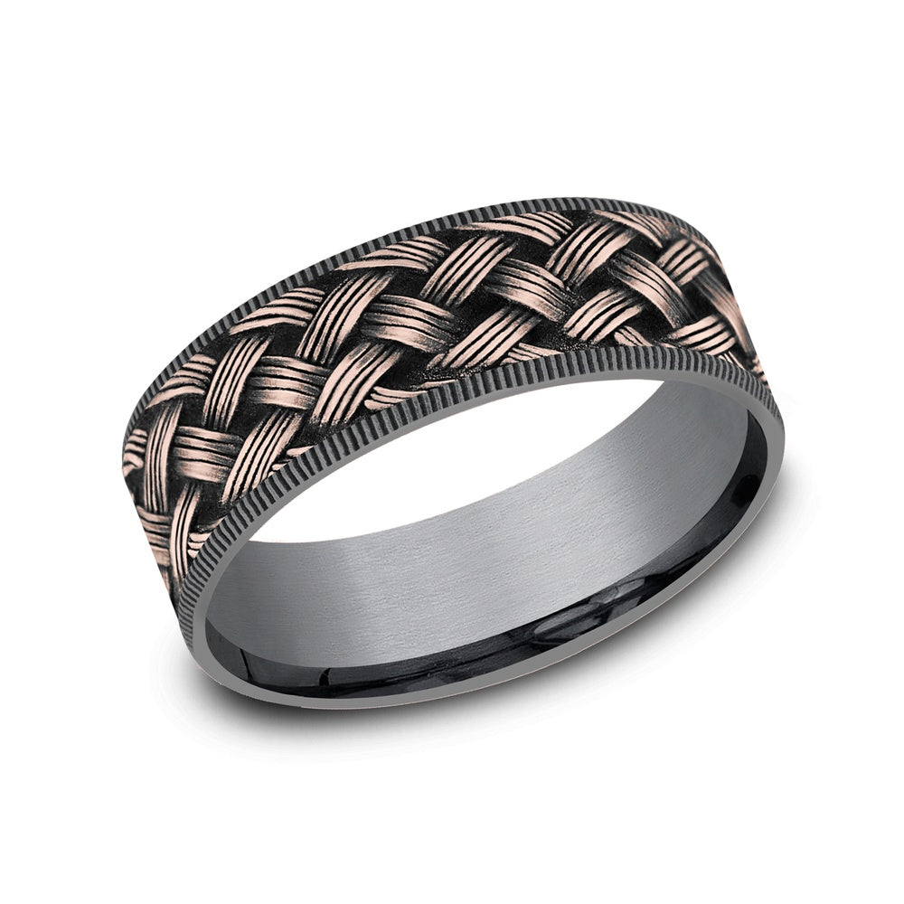 The Trellis Men's Wedding Band in Grey Tantalum and 14K Rose Gold - 7.5mm Width by Ammara Stone