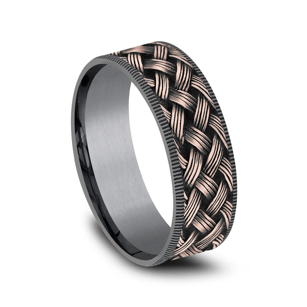 The Trellis Men's Wedding Band in Grey Tantalum and 14K Rose Gold - 7.5mm Width by Ammara Stone