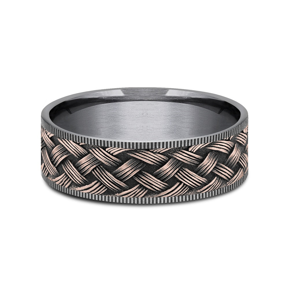 The Trellis Men's Wedding Band in Grey Tantalum and 14K Rose Gold - 7.5mm Width by Ammara Stone