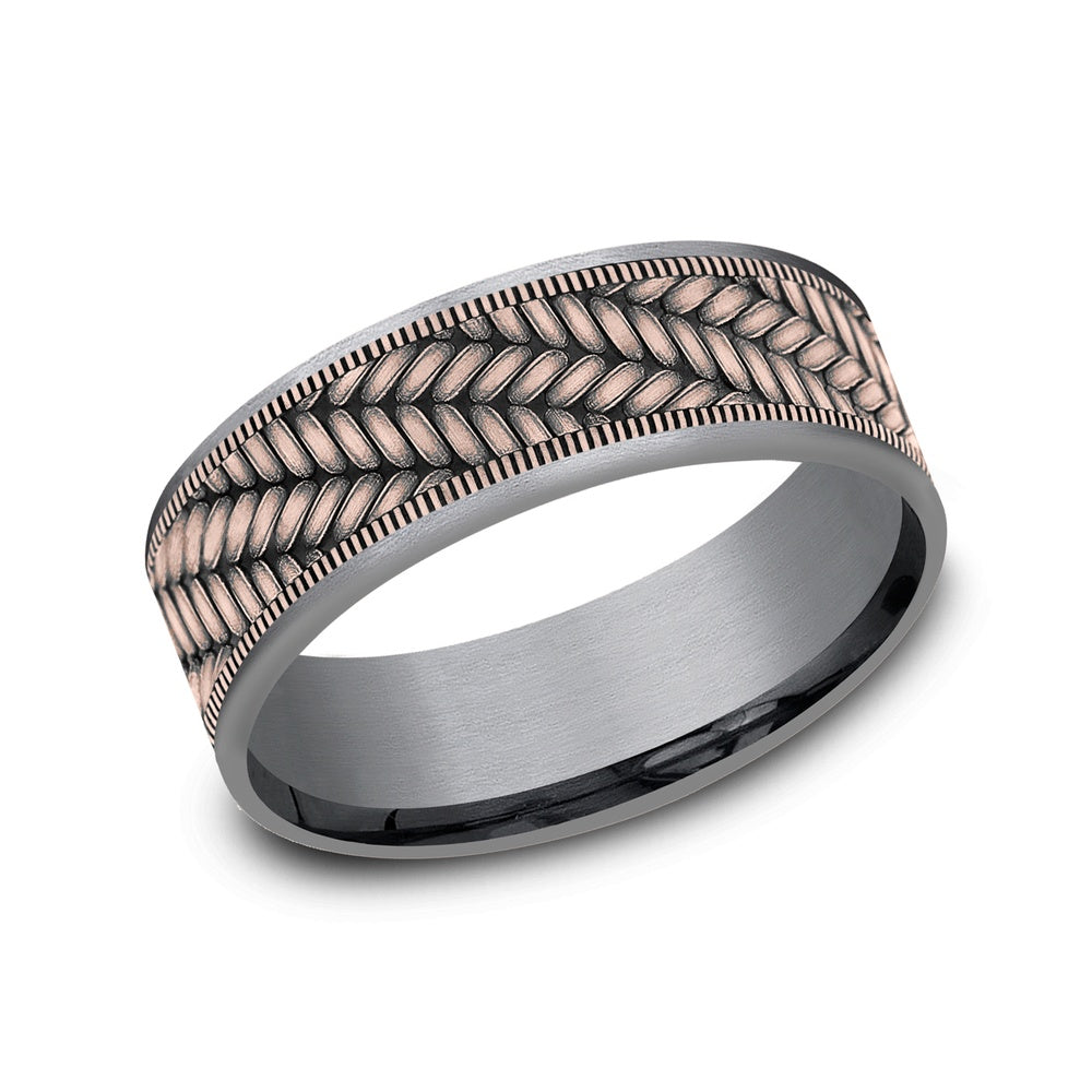 The Vanguard Men's Wedding Band in Grey Tantalum and 14K Rose Gold - 7.5mm Width by Ammara Stone