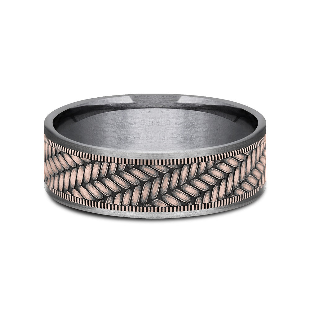 The Vanguard Men's Wedding Band in Grey Tantalum and 14K Rose Gold - 7.5mm Width by Ammara Stone