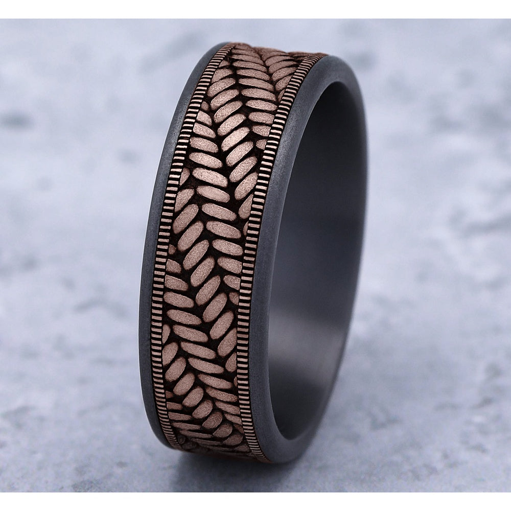 The Vanguard Men's Wedding Band in Grey Tantalum and 14K Rose Gold - 7.5mm Width by Ammara Stone