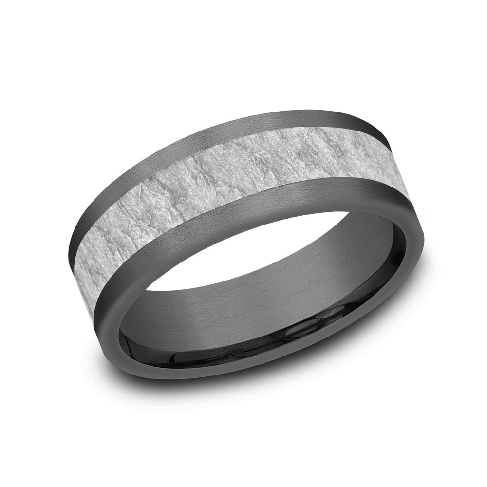 The Vesuvius Men's Wedding Band in Grey Tantalum and 14K White Gold - 8mm Width by Ammara Stone