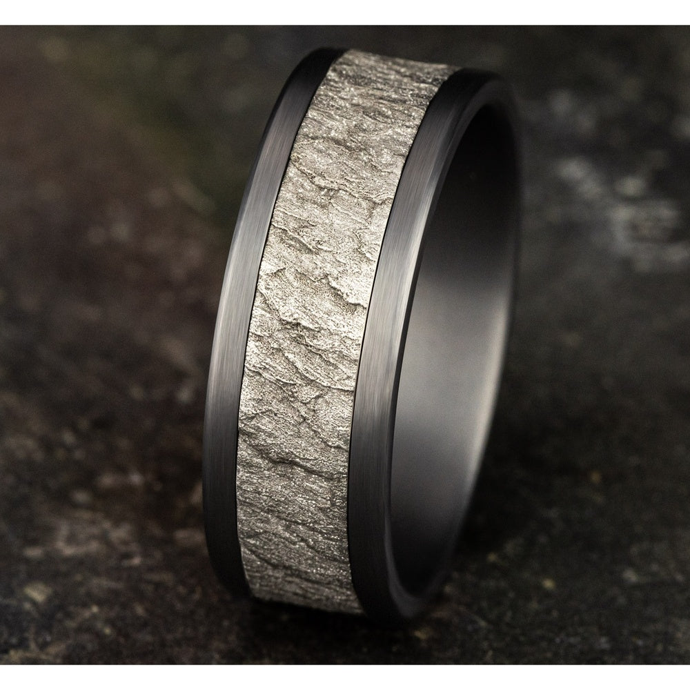 The Vesuvius Men's Wedding Band in Grey Tantalum and 14K White Gold - 8mm Width by Ammara Stone