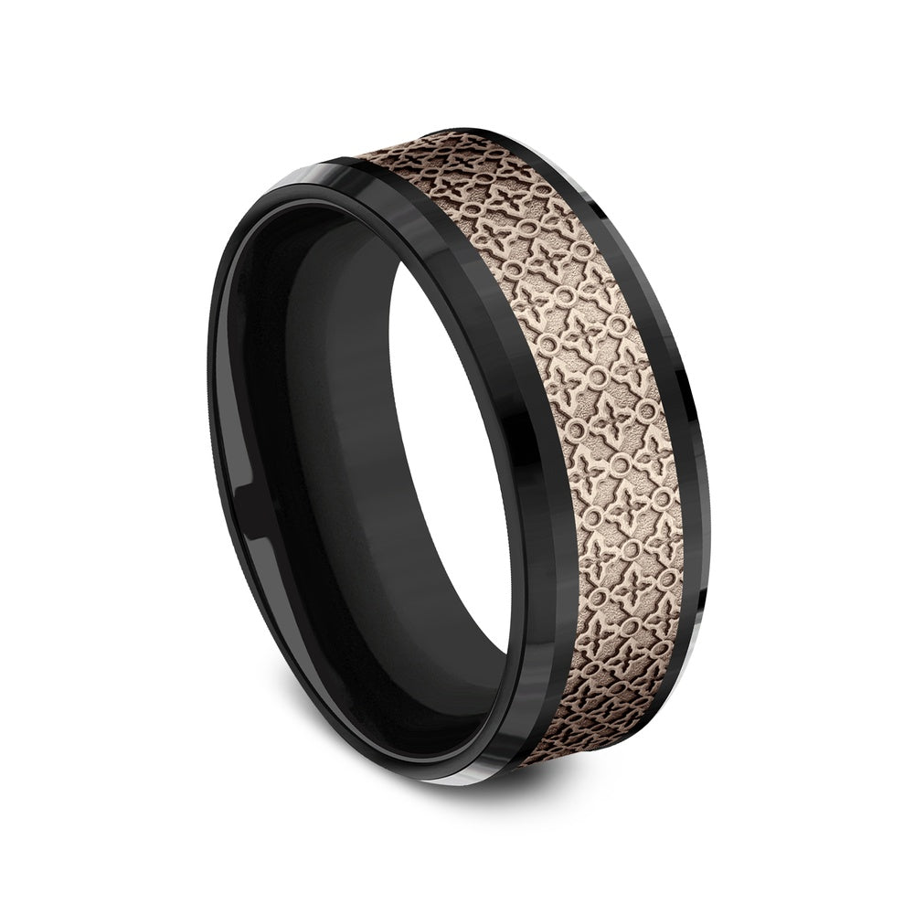 The Vienna Men's Wedding Band in Black Titanium and 14K Rose Gold - 8mm Width by Ammara Stone