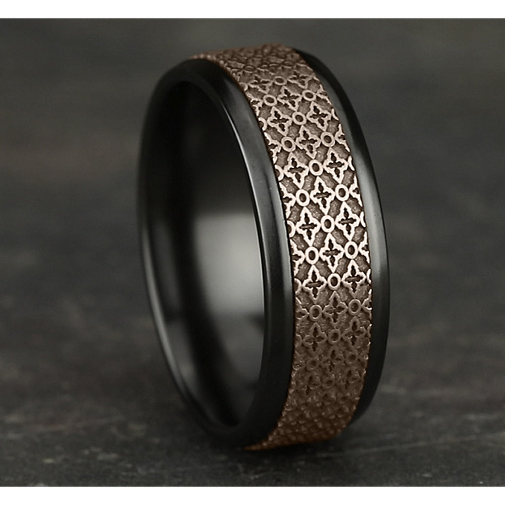 The Vienna Men's Wedding Band in Black Titanium and 14K Rose Gold - 8mm Width by Ammara Stone