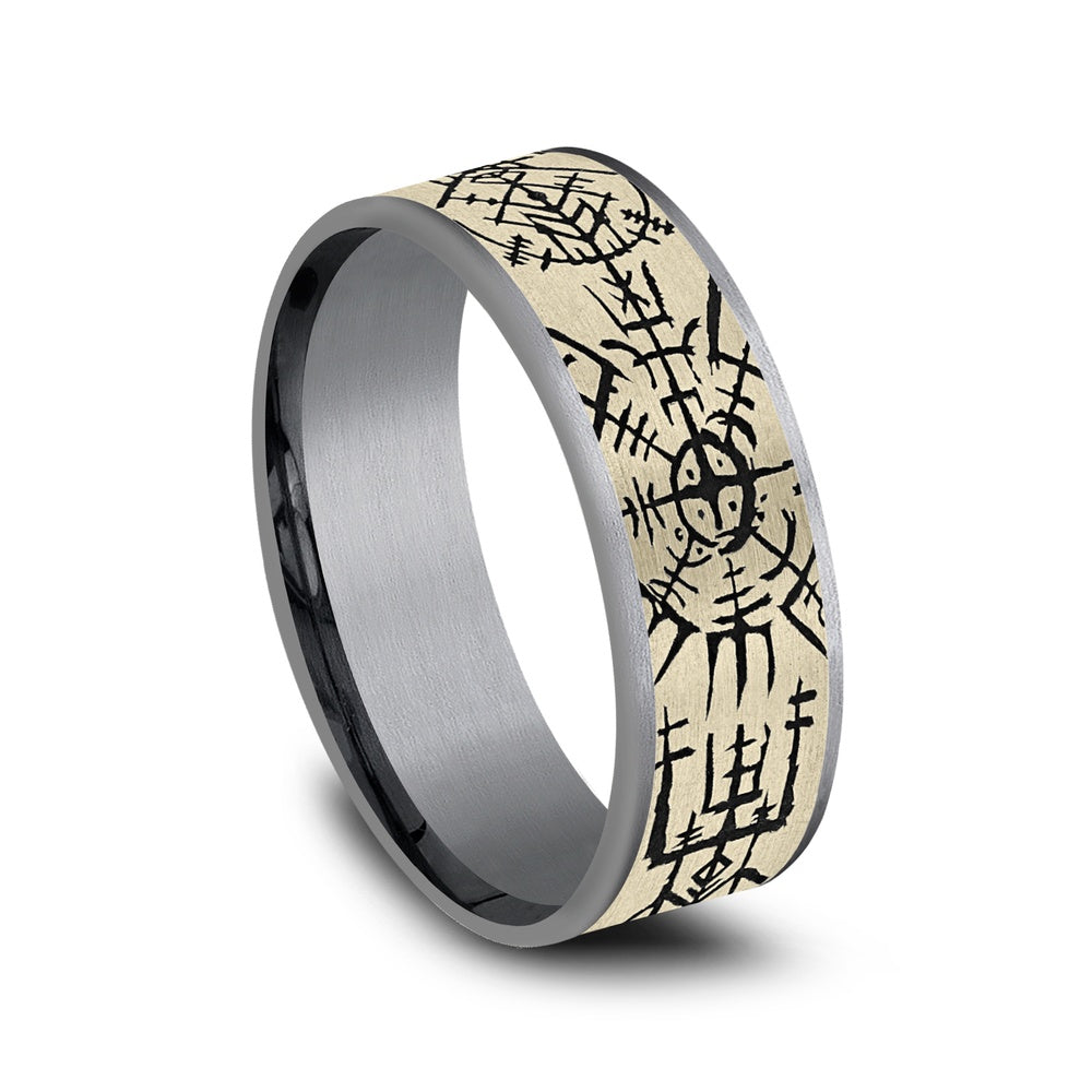 The Viking Men's Wedding Band in Grey Tantalum and 14K Yellow Gold - 7.5mm Width by Ammara Stone