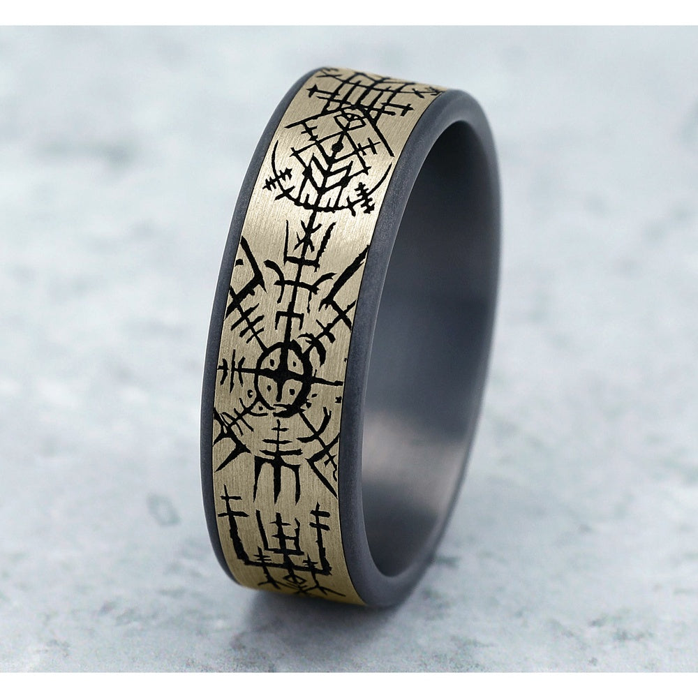 The Viking Men's Wedding Band in Grey Tantalum and 14K Yellow Gold - 7.5mm Width by Ammara Stone