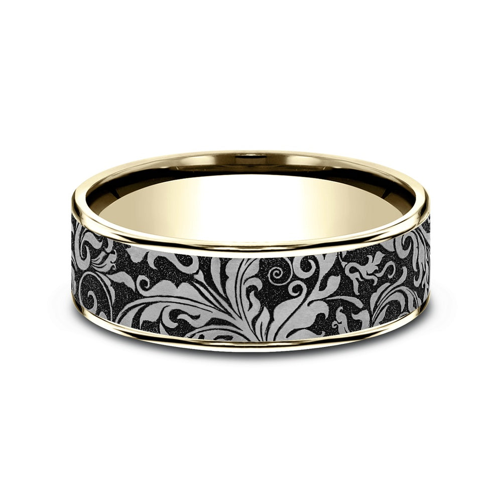 The Vine Men's Wedding Band in 14K Yellow Gold and Grey/Black Titanium - 7.5mm Width by Ammara Stone
