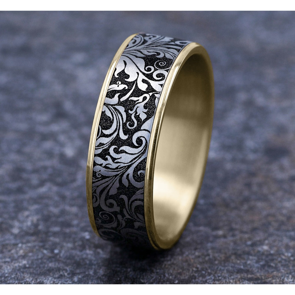 The Vine Men's Wedding Band in 14K Yellow Gold and Grey/Black Titanium - 7.5mm Width by Ammara Stone