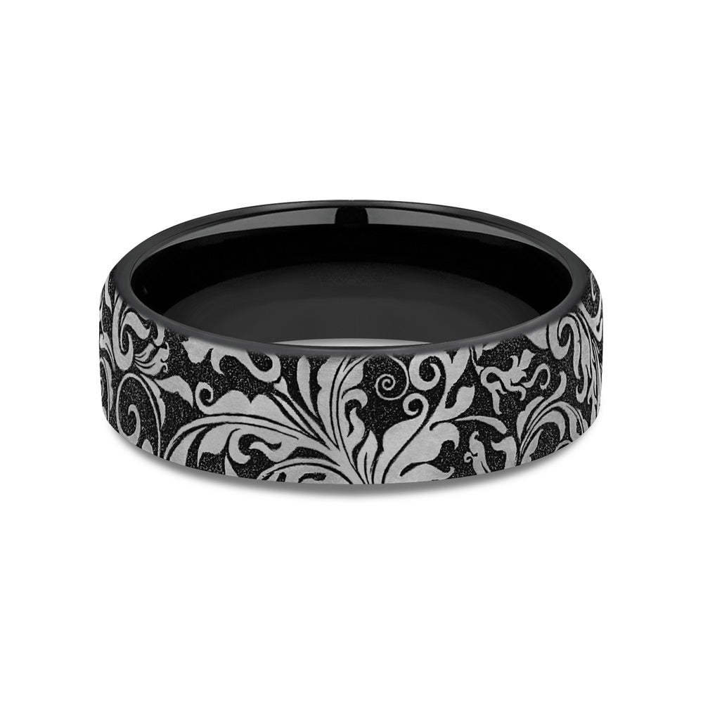 The Vine Men's Wedding Band in Grey and Black Titanium - 6.5mm Width by Forge