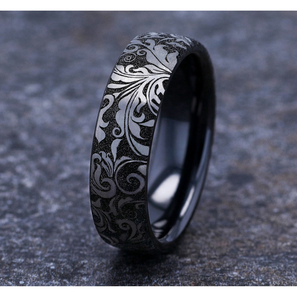 The Vine Men's Wedding Band in Grey and Black Titanium - 6.5mm Width by Forge