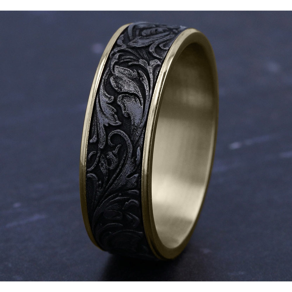 The Vineyard Men's Wedding Band in 14K Yellow Gold and Grey Tantalum - 7.5mm Width by Ammara Stone