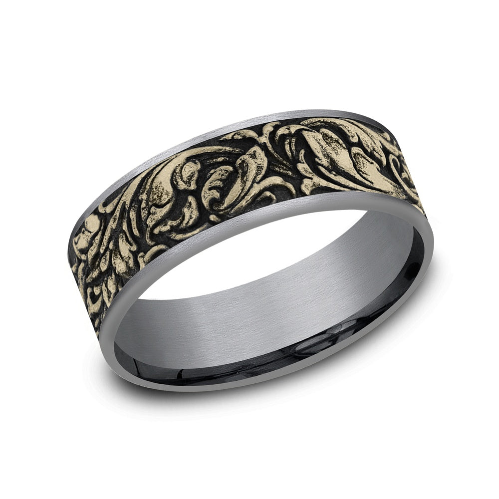 The Vineyard Men's Wedding Band in Grey Tantalum and 14K Yellow Gold - 7.5mm Width by Ammara Stone