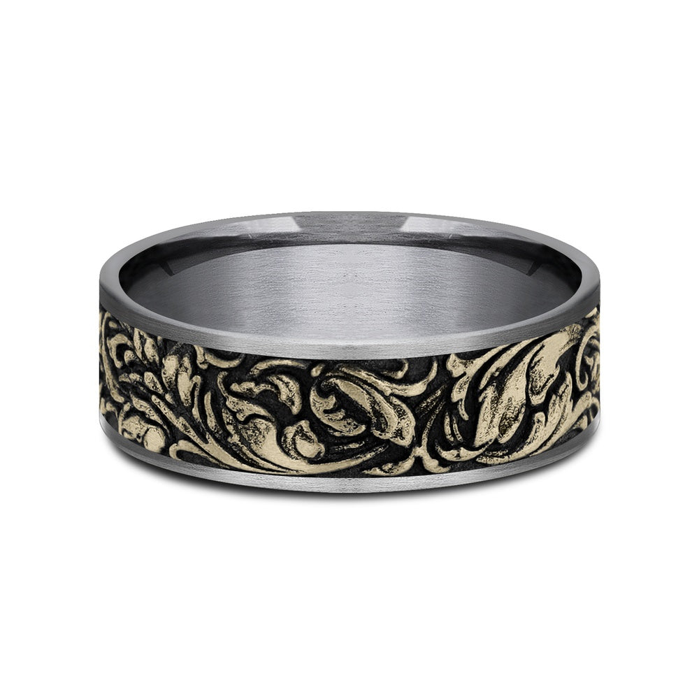The Vineyard Men's Wedding Band in Grey Tantalum and 14K Yellow Gold - 7.5mm Width by Ammara Stone