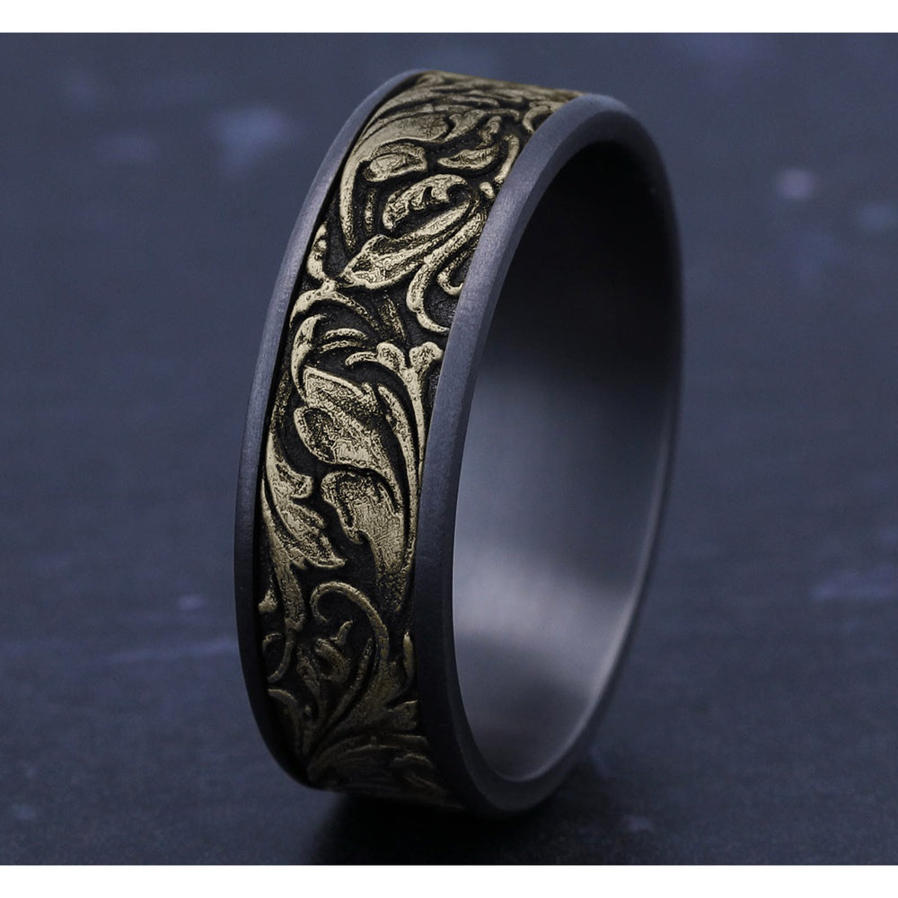 The Vineyard Men's Wedding Band in Grey Tantalum and 14K Yellow Gold - 7.5mm Width by Ammara Stone