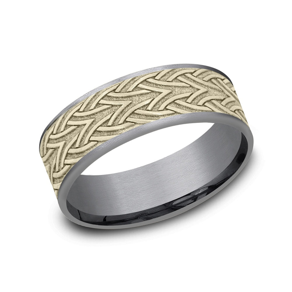 The Waterford Men's Wedding Band in Grey Tantalum and 14K Yellow Gold - 7.5mm Width by Ammara Stone