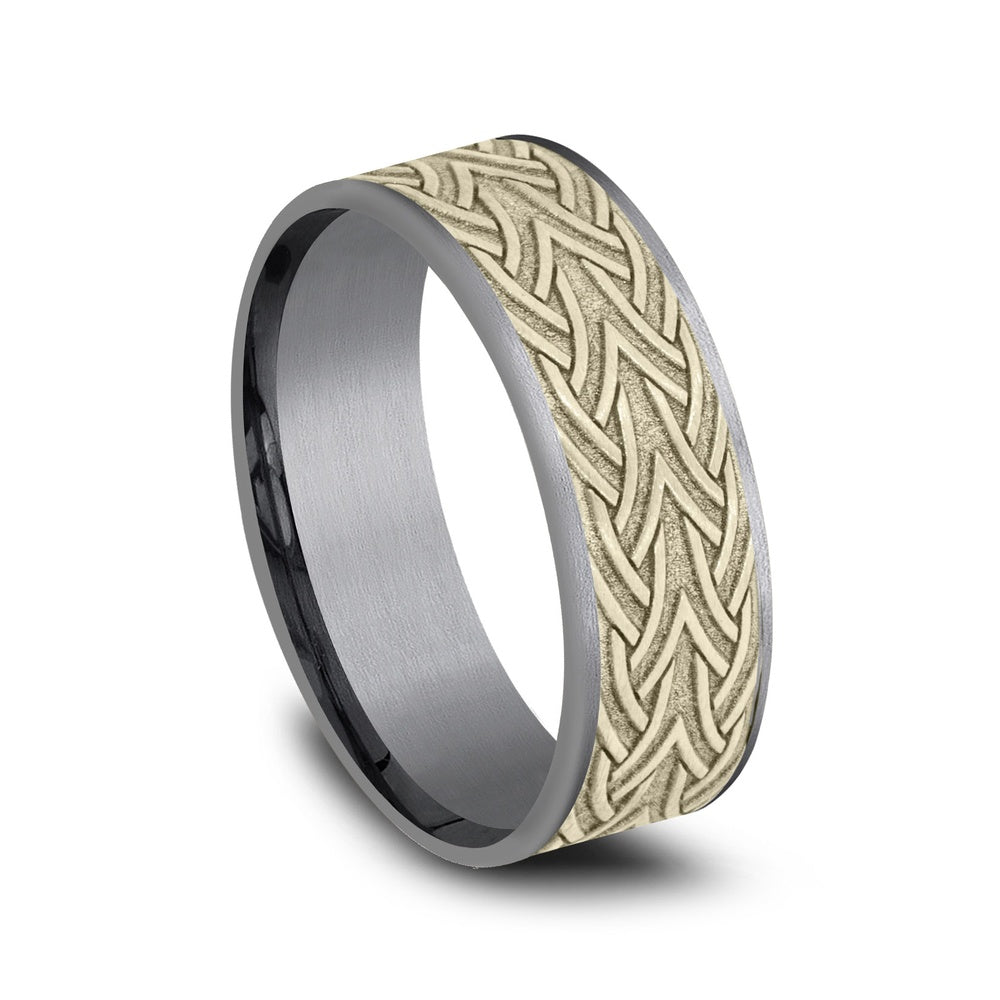 The Waterford Men's Wedding Band in Grey Tantalum and 14K Yellow Gold - 7.5mm Width by Ammara Stone
