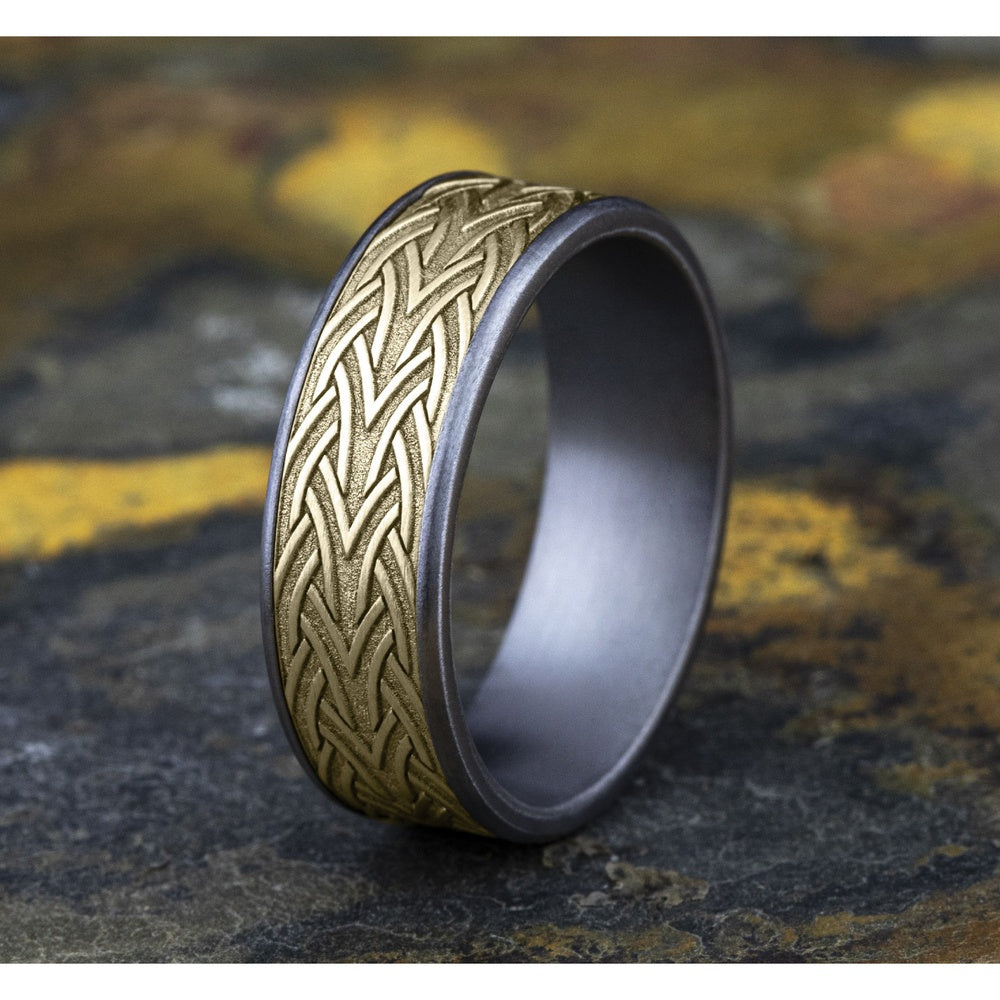 The Waterford Men's Wedding Band in Grey Tantalum and 14K Yellow Gold - 7.5mm Width by Ammara Stone