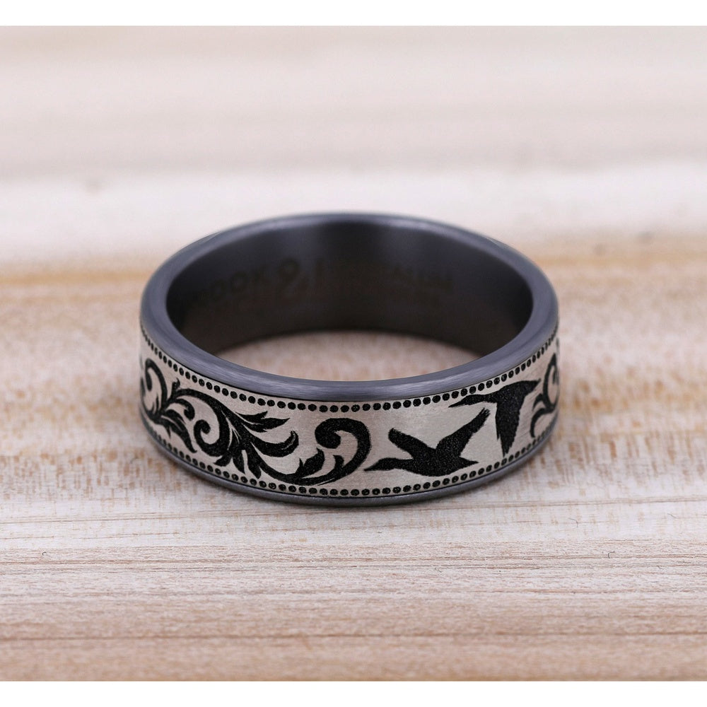 The Waterfowl Men's Wedding Band in Grey Tantalum and Grey/Black Titanium - 7.5mm Width by Brook and Branch